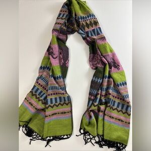 Pashmina Scarf Wrap Shawl Fringed Bohemian Festival Colorful Elephants Animal